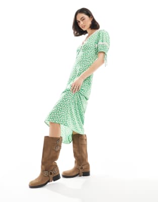Robe longueur mollet à imprimé à petites fleurs et détails en dentelle - Vert 2XS