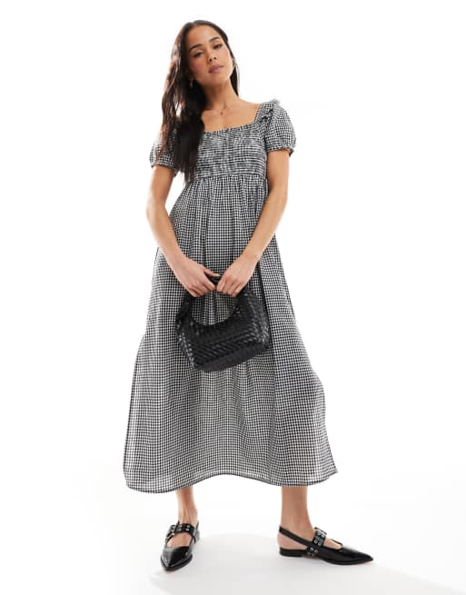 Wednesday's Girl - Robe longueur mollet à manches bouffantes et carreaux vichy - Noir
