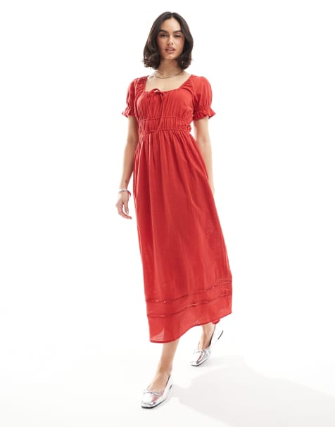 Wednesday's Girl - Robe longueur mollet à manches bouffantes et encolure dégagée - Rouge - view 1