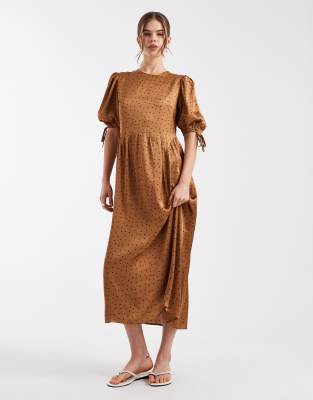 Robe longueur mollet à pois avec épaules nouées - Doré-Neutre XS