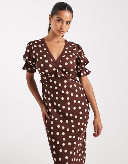 Wednesday's Girl - Robe longueur mollet à pois - Marron, 4 de 4