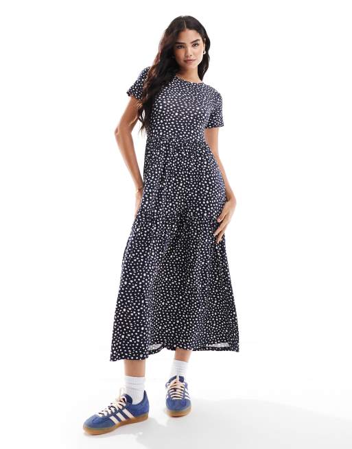 Wednesday's Girl - Robe longueur mollet à volants avec motif à pois effet tache - Bleu profond