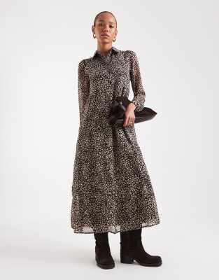 Robe longueur mollet étagée à imprimé léopard - Marron XS