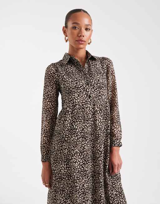 Wednesday's Girl - Robe longueur mollet étagée à imprimé léopard - Marron, 2 de 4