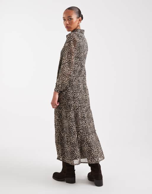 Wednesday's Girl - Robe longueur mollet étagée à imprimé léopard - Marron, 4 de 4