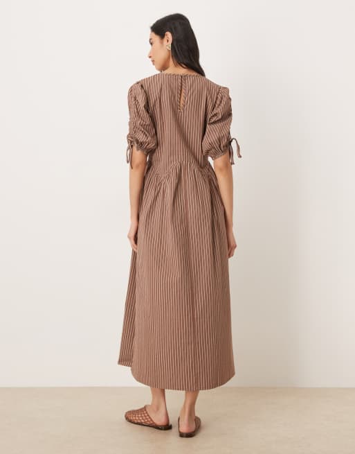 Wednesday's Girl - Robe longueur mollet rayée à épaules nouées - Marron, 4 de 4