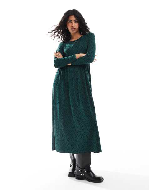 Wednesday's Girl - Robe mi-longue à pois tachetés et manches longues - Vert forêt - view 1