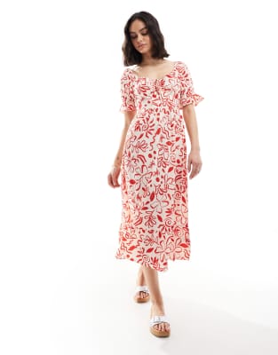 Robe mi-longue tendance folk à manches bouffantes et imprimé à petites fleurs - Rouge et crème S