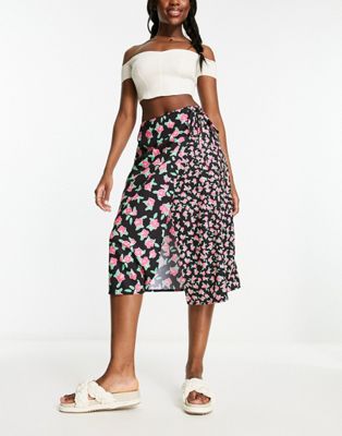 Wednesday's Girl rose bloom ditsy print wrap midaxi skirt in black and pink - ASOS Price Checker