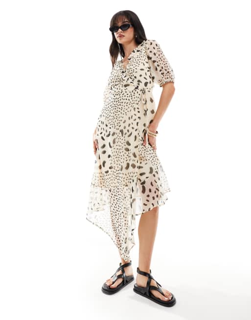 Wednesday's Girl - Robe portefeuille mi-longue à volants et à pois abstraits - Crème