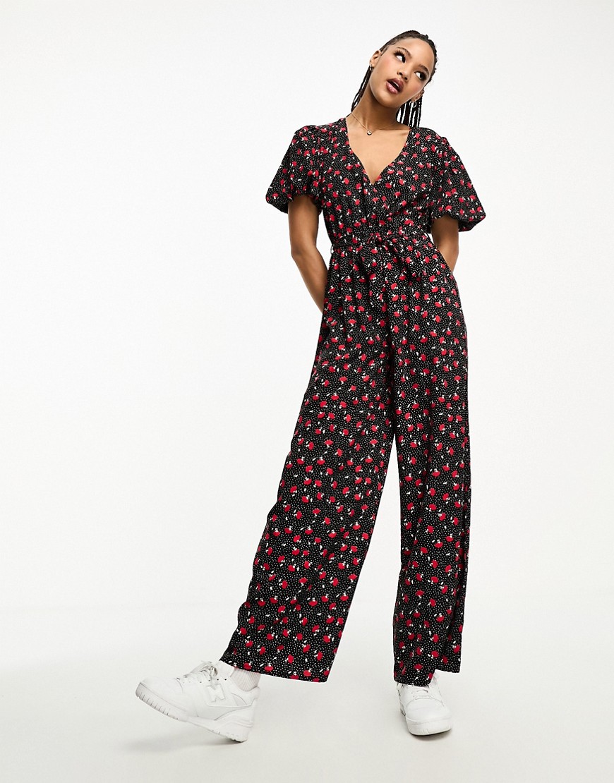 Wednesday's Girl rose bud print puff sleeve wrap jumpsuit in black