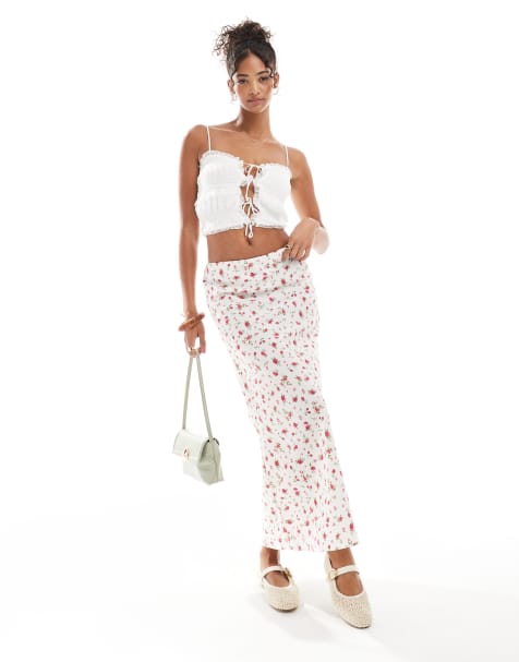 Wednesday's Girl rose print bias cut midi skirt in white