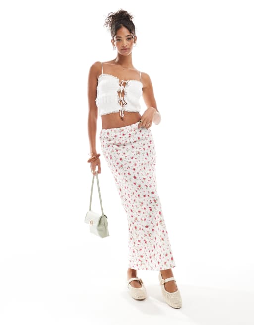 Wednesday's Girl rose print bias cut midi skirt in white