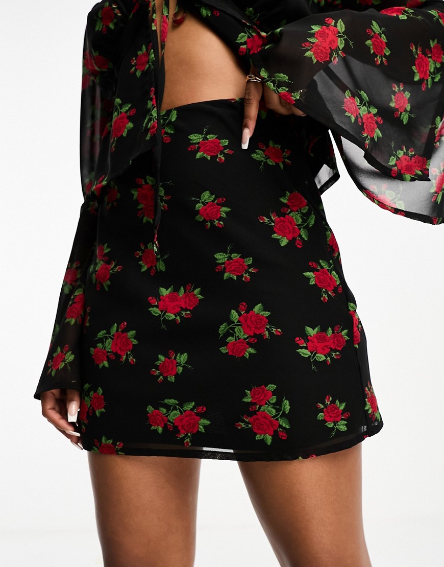 Wednesday’s Girl rose print bias cut mini skirt co-ord in black and red