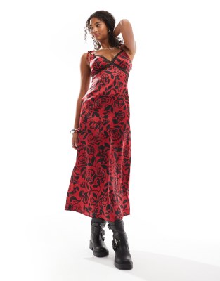 rose print lace insert cami dress in red and black