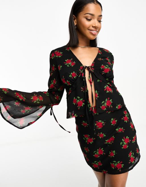Wednesday's Girl rose print tie detail blouse in black (part of a set)