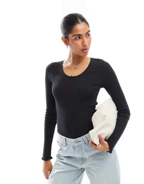 Wednesday's Girl rosette detail pointelle scoop neck bodysuit in black - view 1