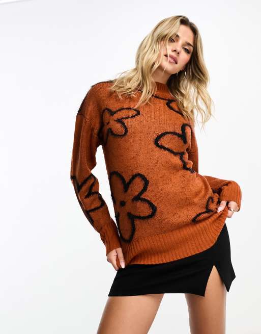Wednesday's Girl round neck flower jumper in rust