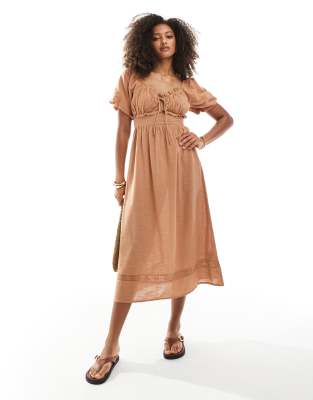 Wednesday's Girl Wednesday's Girl ruched bust midaxi dress in sand-Neutral