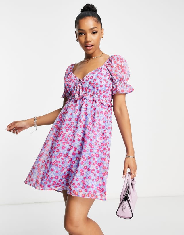 Wednesday's Girl ruched bust mini tea dress in purple floral