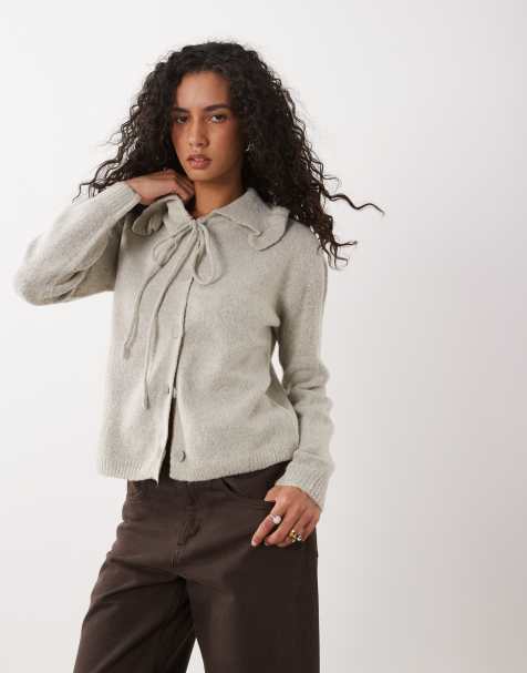 Wednesdays Girl ruffle collared cardigan in grey - view 1