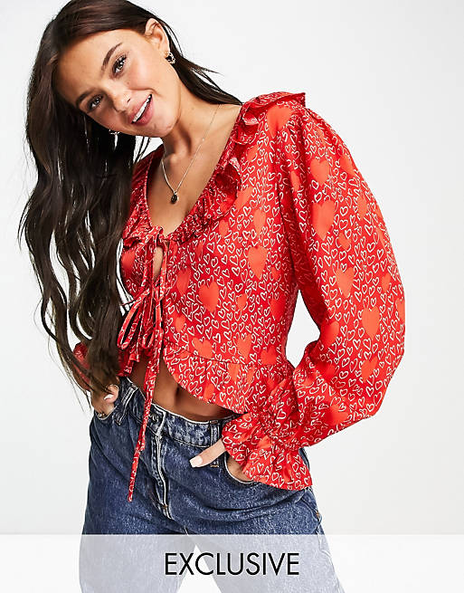 Wednesday's Girl ruffle detail blouse in red heart print