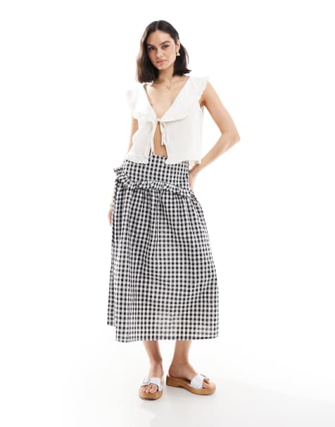Wednesday's Girl ruffle detail gingham midi skirt in black - view 1