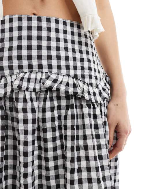 Wednesday's Girl ruffle detail gingham midi skirt in black ASOS