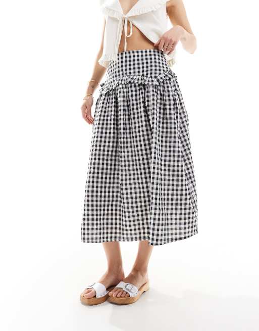 OHESHIO ■ CHECK FRILL MIDI SKIRT 오헤시오(OHESHIO) CHECK FRILL MIDI SKIRT, NAVY - 사이즈