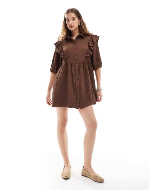 Wednesday's Girl ruffle detail mini smock dress in brown - view 1
