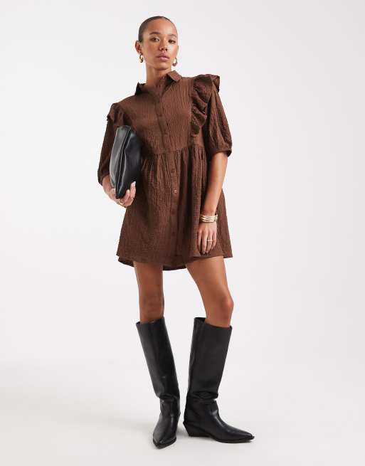 ruffle detail smock mini dress Burgundy Ruffle Detail Smock Mini Dress