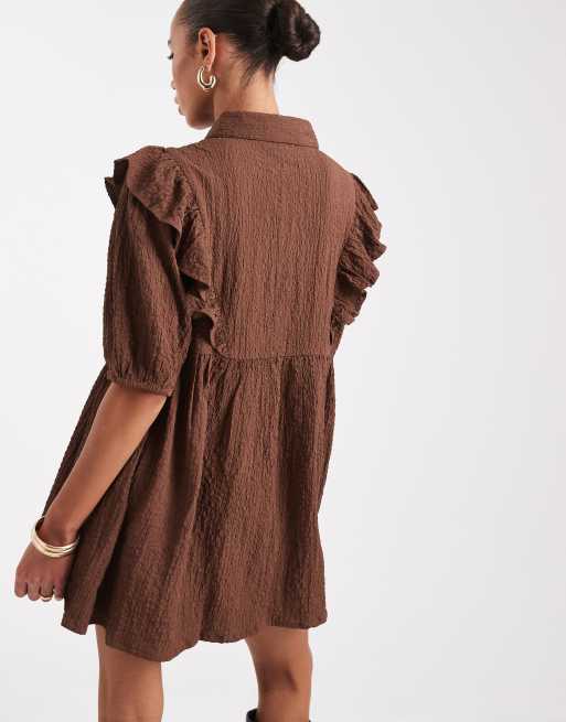 Wednesday's Girl ruffle detail mini smock dress in brown, 3 of 4