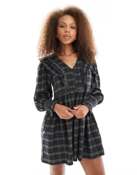 Wednesday's Girl ruffle detail plaid mini smock dress in green and navy - view 1