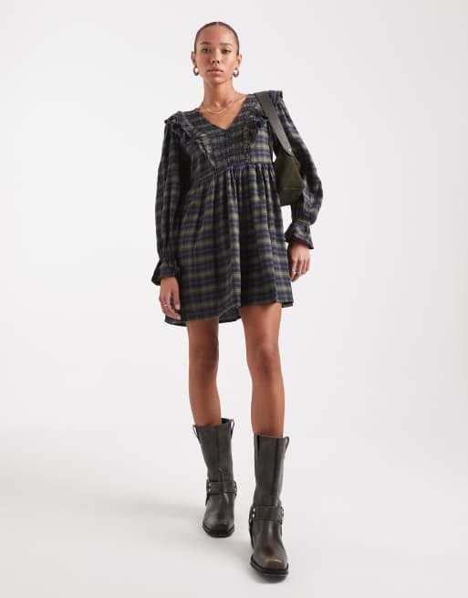 slim fit dress slacks PICCOLA LUDO GREEN PLAID PUFF SLEEVE DRESS [FINAL SALE] – Luibelle main image 0