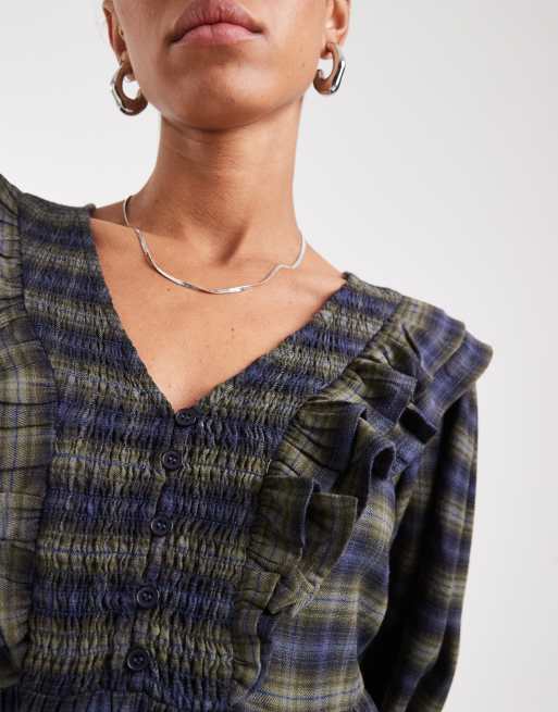 Wednesday's Girl ruffle detail plaid mini smock dress in green and navy |  ASOS