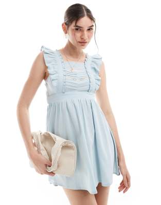 Wednesday's Girl ruffle edge pleat detail mini dress in light blue