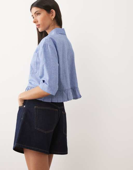 Wednesday's Girl ruffle edged long sleeve top in blue chambray, 3 of 4