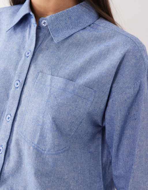 Wednesday's Girl ruffle edged long sleeve top in blue chambray, 4 of 4