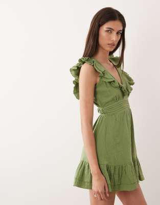 Wednesday's Girl Wednesdays Girl Ruffle Edged Mini Dress In Green
