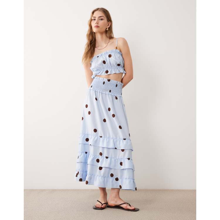 Wednesday's Girl ruffle edged tiered midaxi skirt in blue and