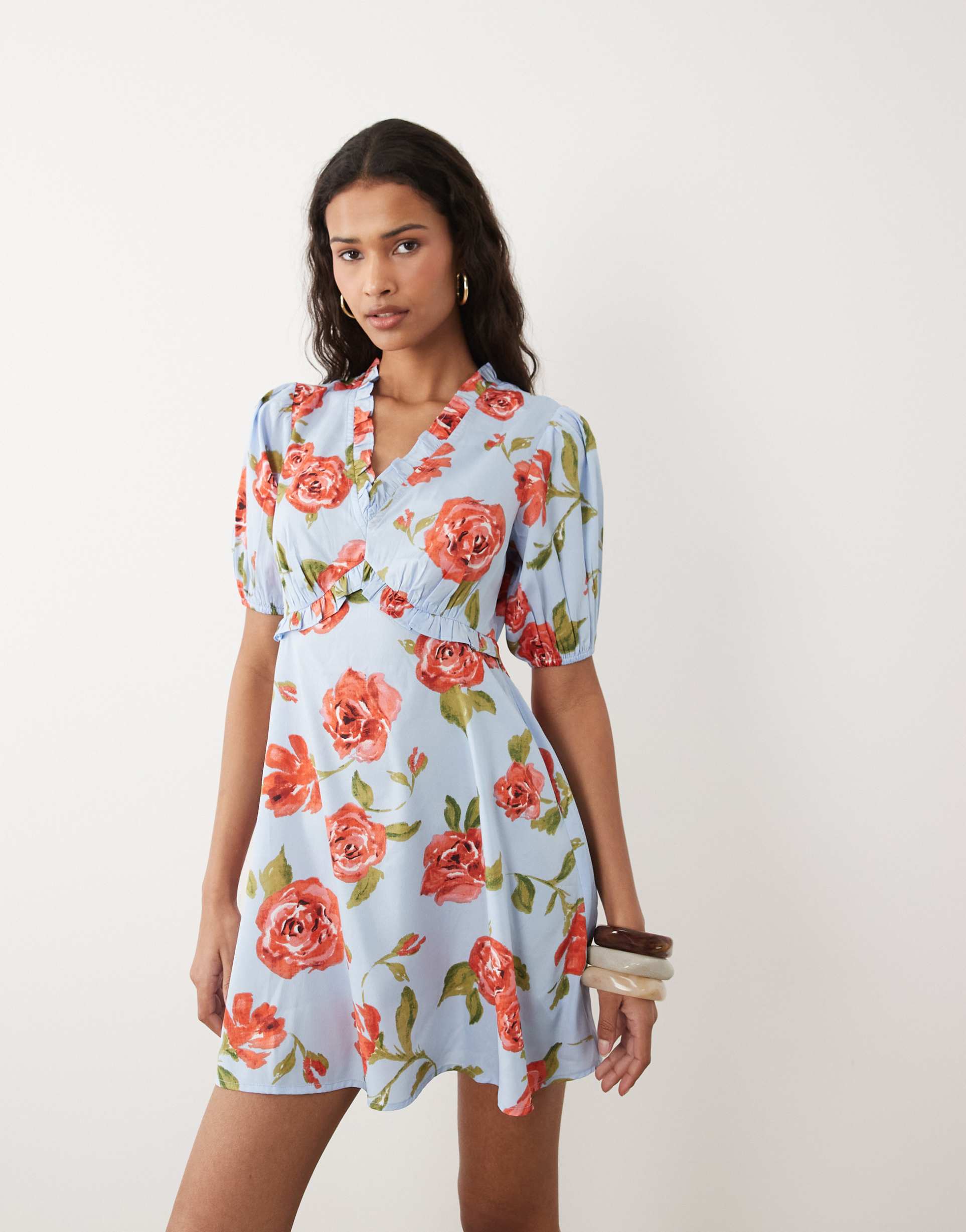 wednesdays girl ruffle floaty mini dress in blue floral