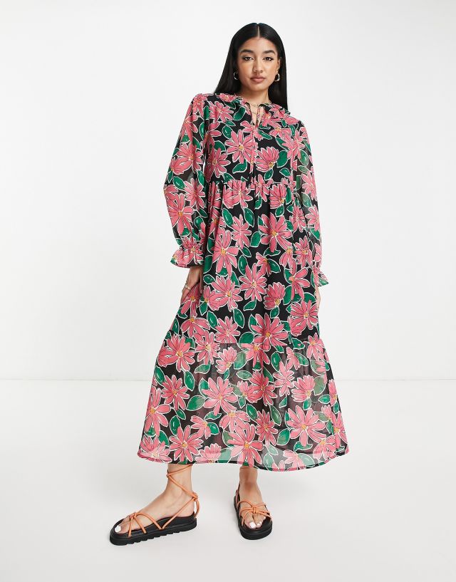 Wednesday's Girl ruffle neck midi smock dress in bright floral