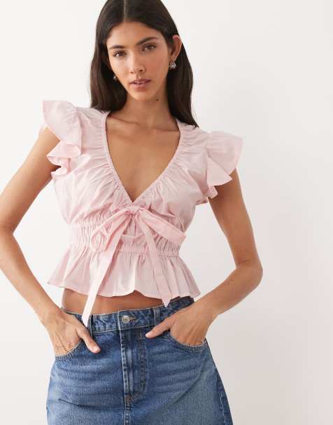 Wednesday's Girl ruffle short sleeve blouse in dusty pink - view 1
