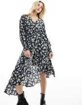 New Look v neck chiffon ruffle midaxi dress in black pattern | ASOS