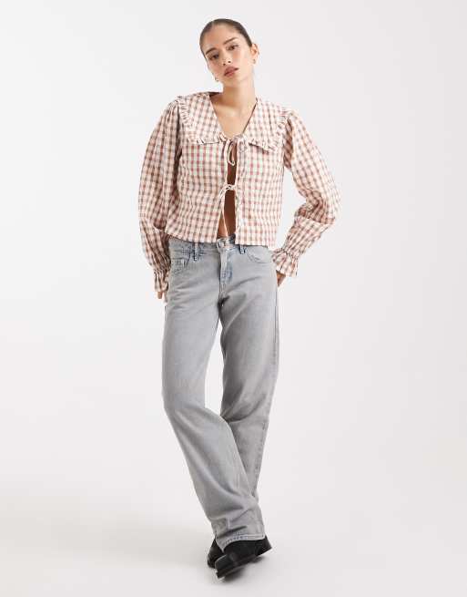 Wednesday's Girl - Rustfarvet bluse med bindedetalje og gingham-tern, 4 af 4
