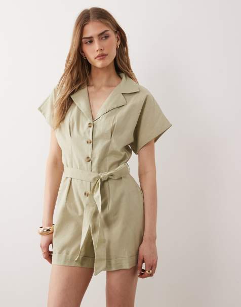 Wednesday's Girl – Salviagrön playsuit i linne med knäppning - view 1