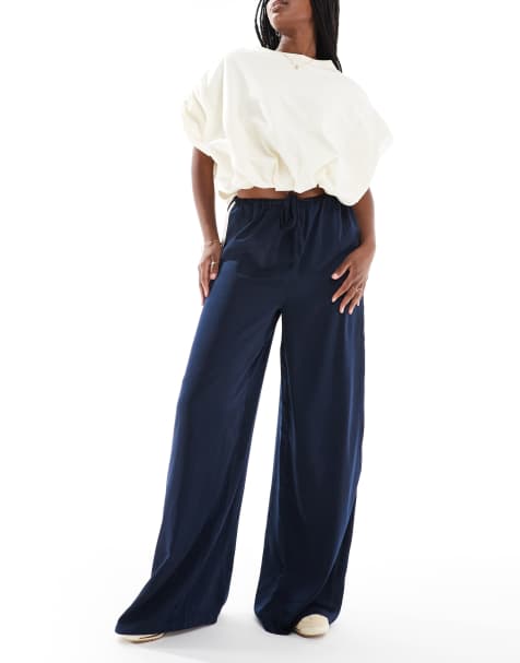 Wednesday's Girl - Satijnen broek met wijde pijpen en zijstrepen in marineblauw - view 1