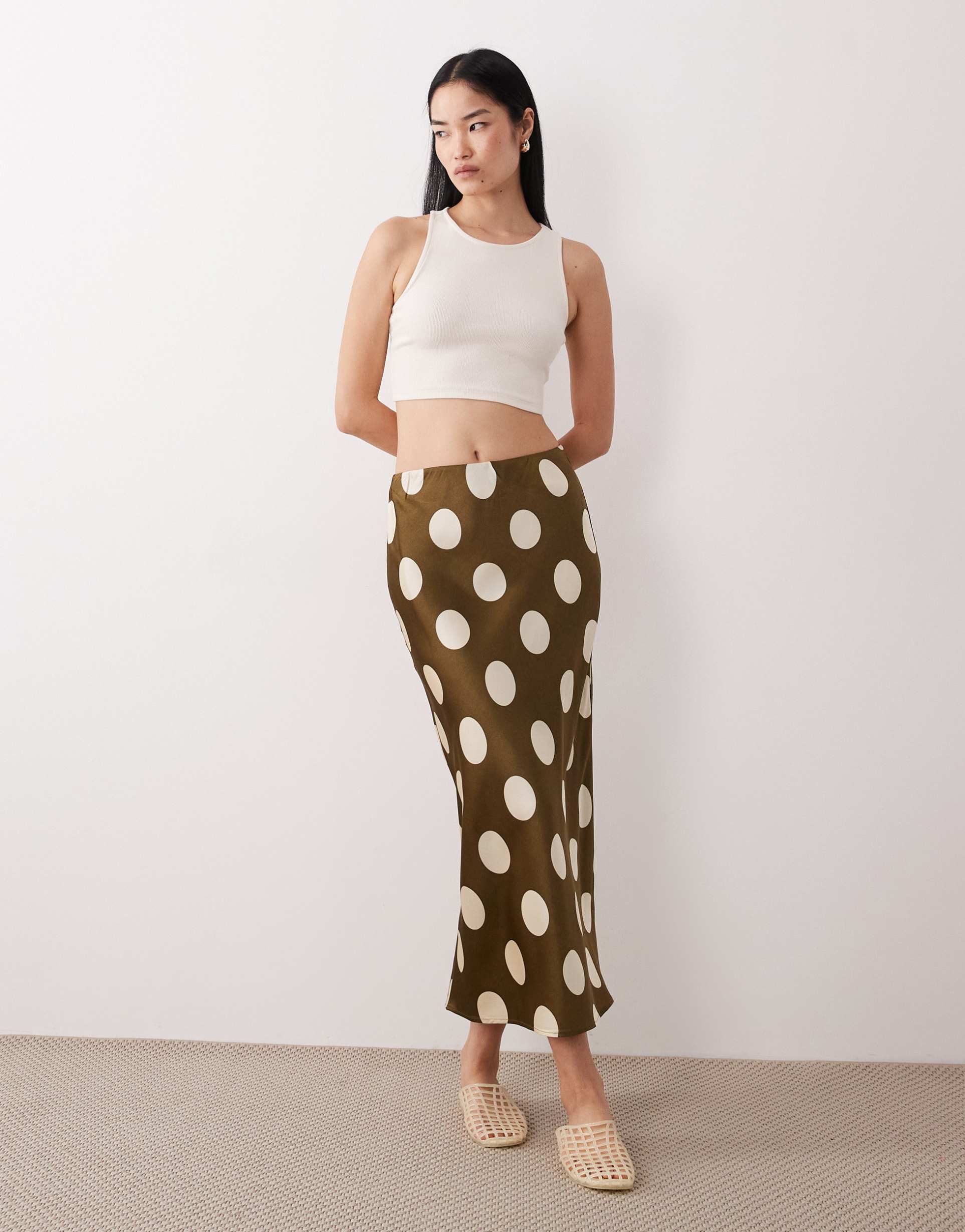 wednesday's girl satin bias cut midaxi skirt in khaki-green polka dots