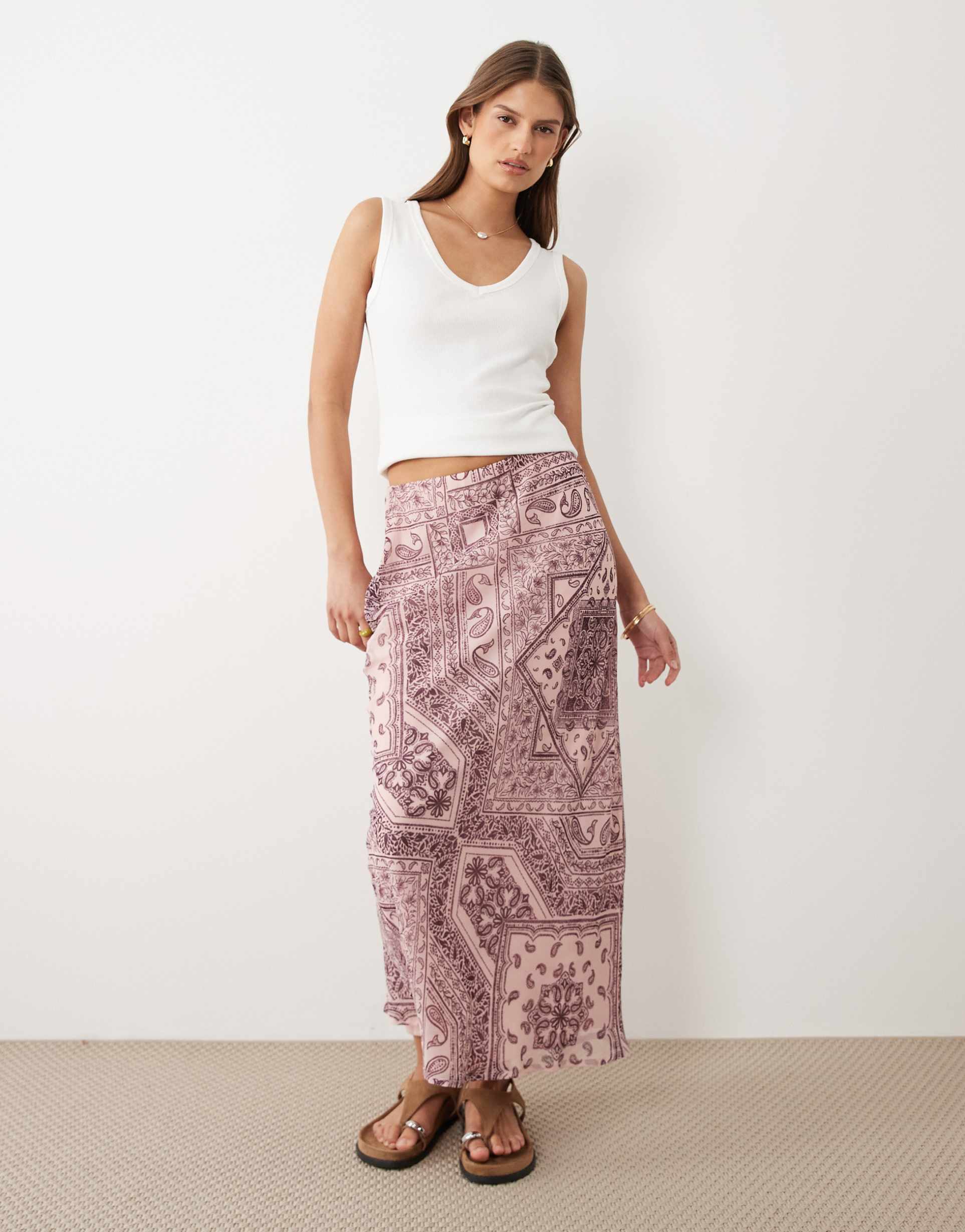 wednesdays girl satin bias cut midaxi skirt in pink paisley print