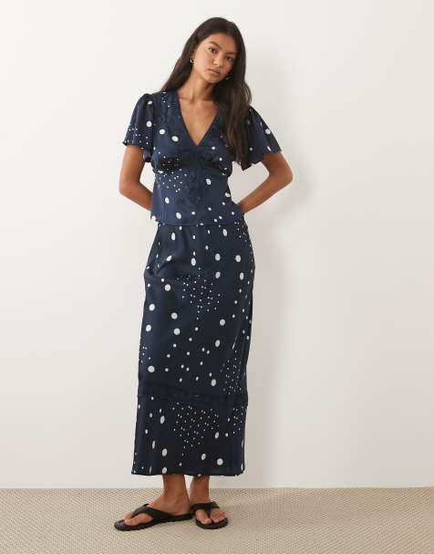 Wednesday's Girl satin co-ord with lace trim in navy polka dot - view 1